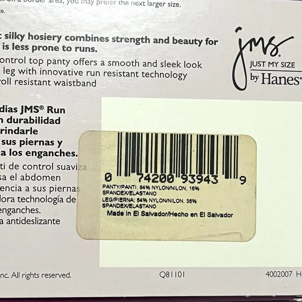 Just My Size Hanes Silky Sheer Run Resistant Control Top Pantyhose 1X/2X (2) Blk